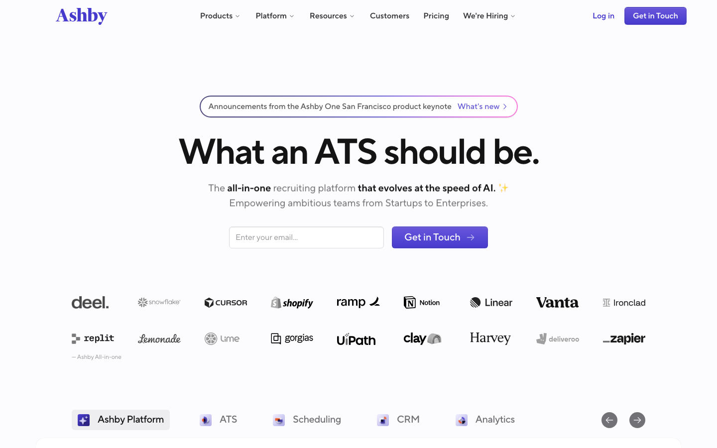 Ashby ATS homepage showing the all-in-one recruiting platform with ATS, CRM, and analytics