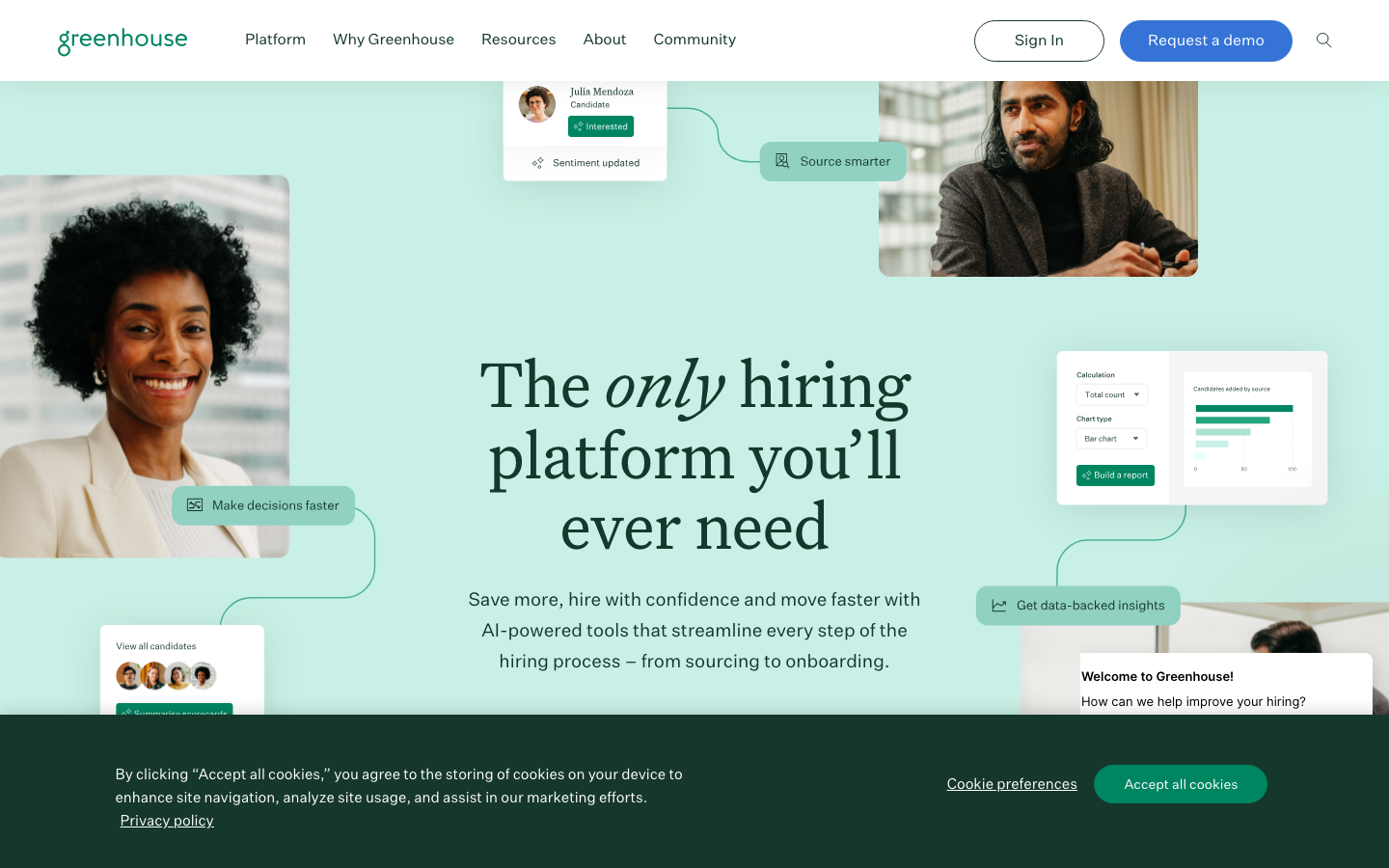 Greenhouse ATS homepage showing the hiring platform with AI-powered workflow tools