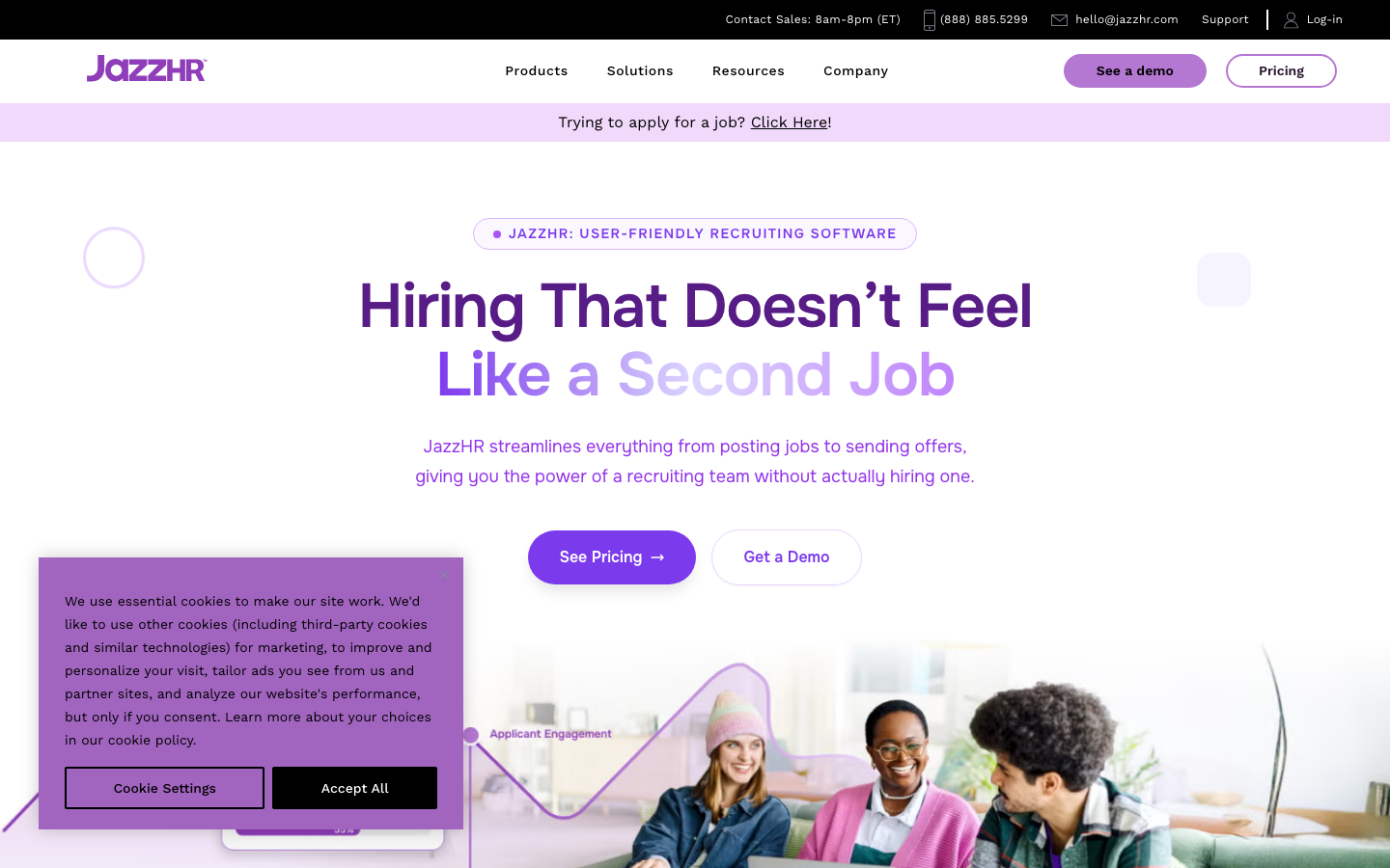 JazzHR applicant tracking system homepage with recruitment software overview