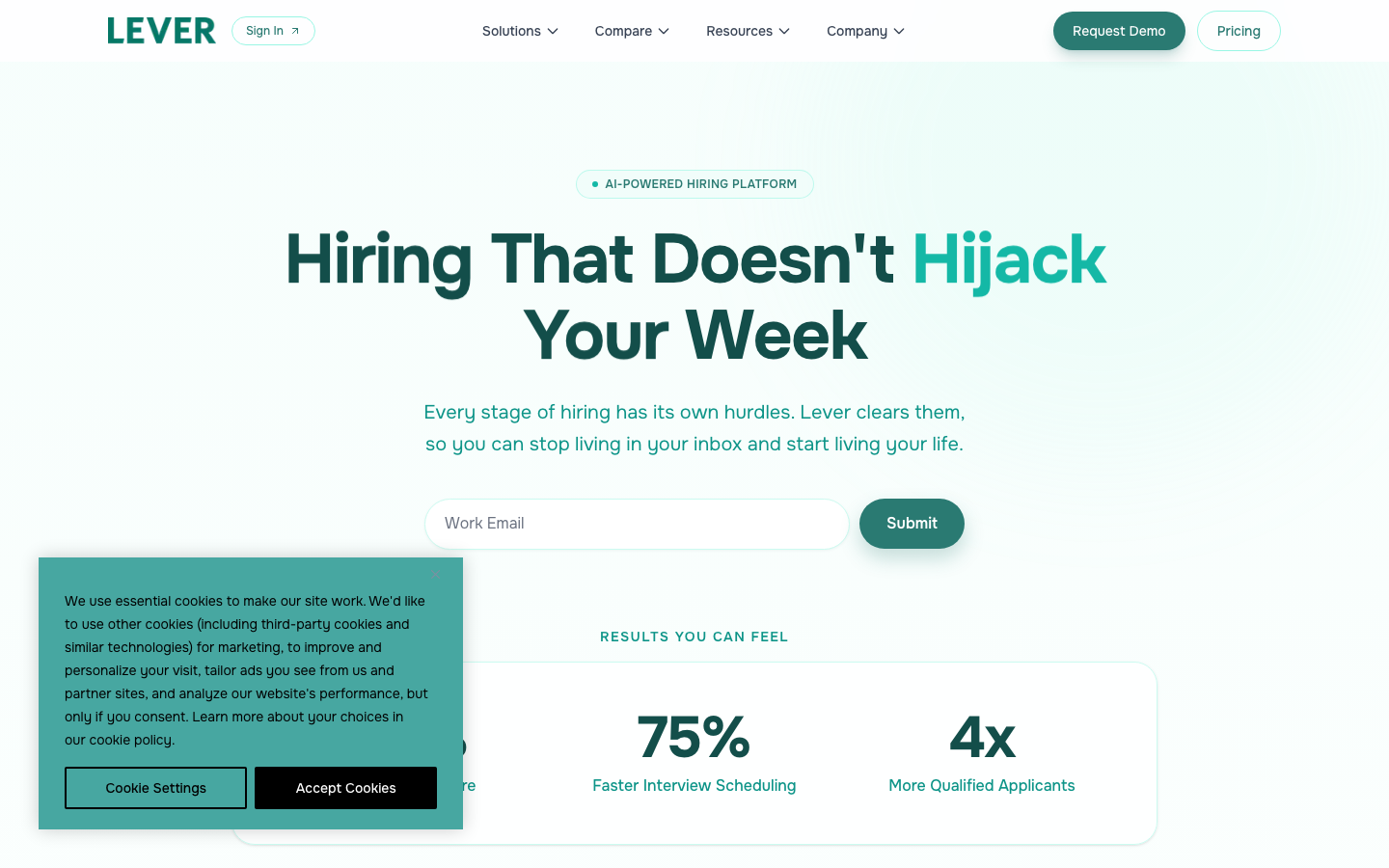 Lever ATS homepage showing the AI-powered hiring platform with reduced time-to-interview stats