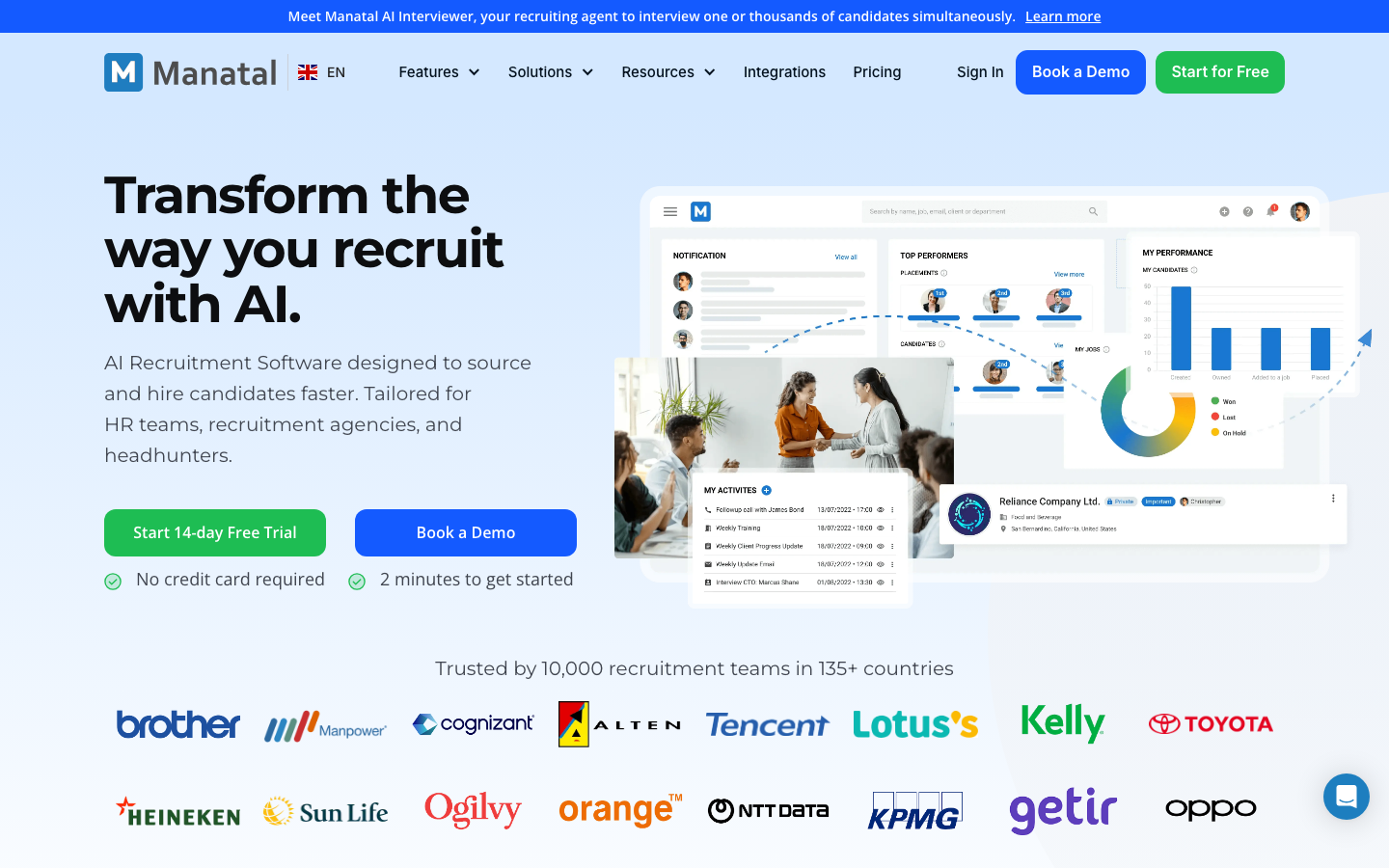 Manatal ATS homepage showing the AI recruitment platform with candidate dashboard and client logos