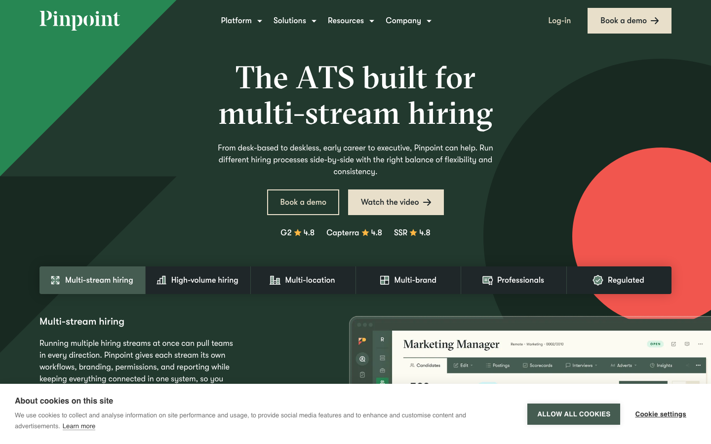 Pinpoint ATS homepage showing the multi-stream hiring platform with workflow and career site builder