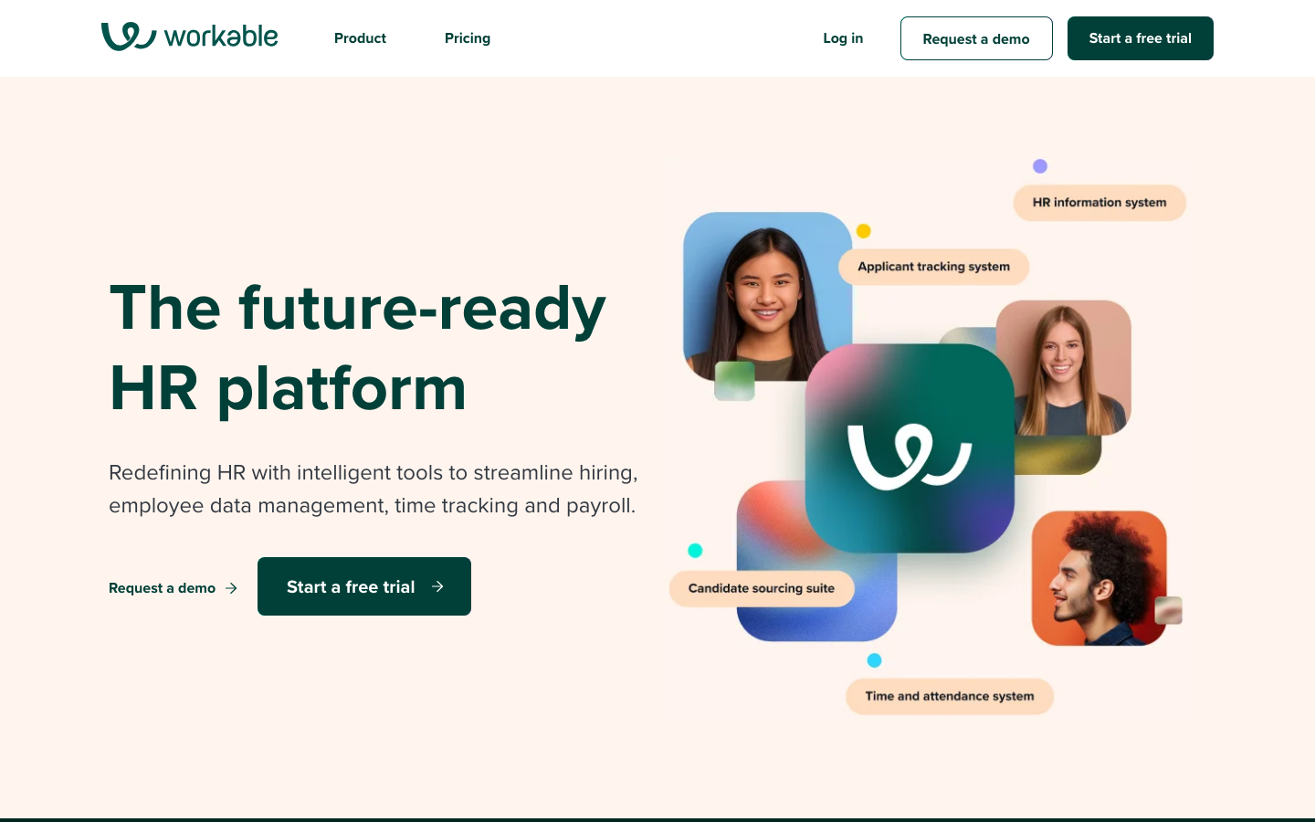 Workable ATS homepage showing the future-ready HR platform with applicant tracking and sourcing