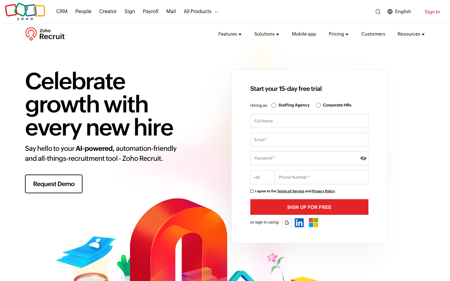 Zoho Recruit ATS homepage showing the recruitment management platform with candidate and job tracking