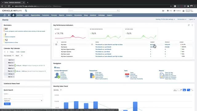 NetSuite CRM home dashboard showing key performance indicators, sales quota, and monthly sales trend