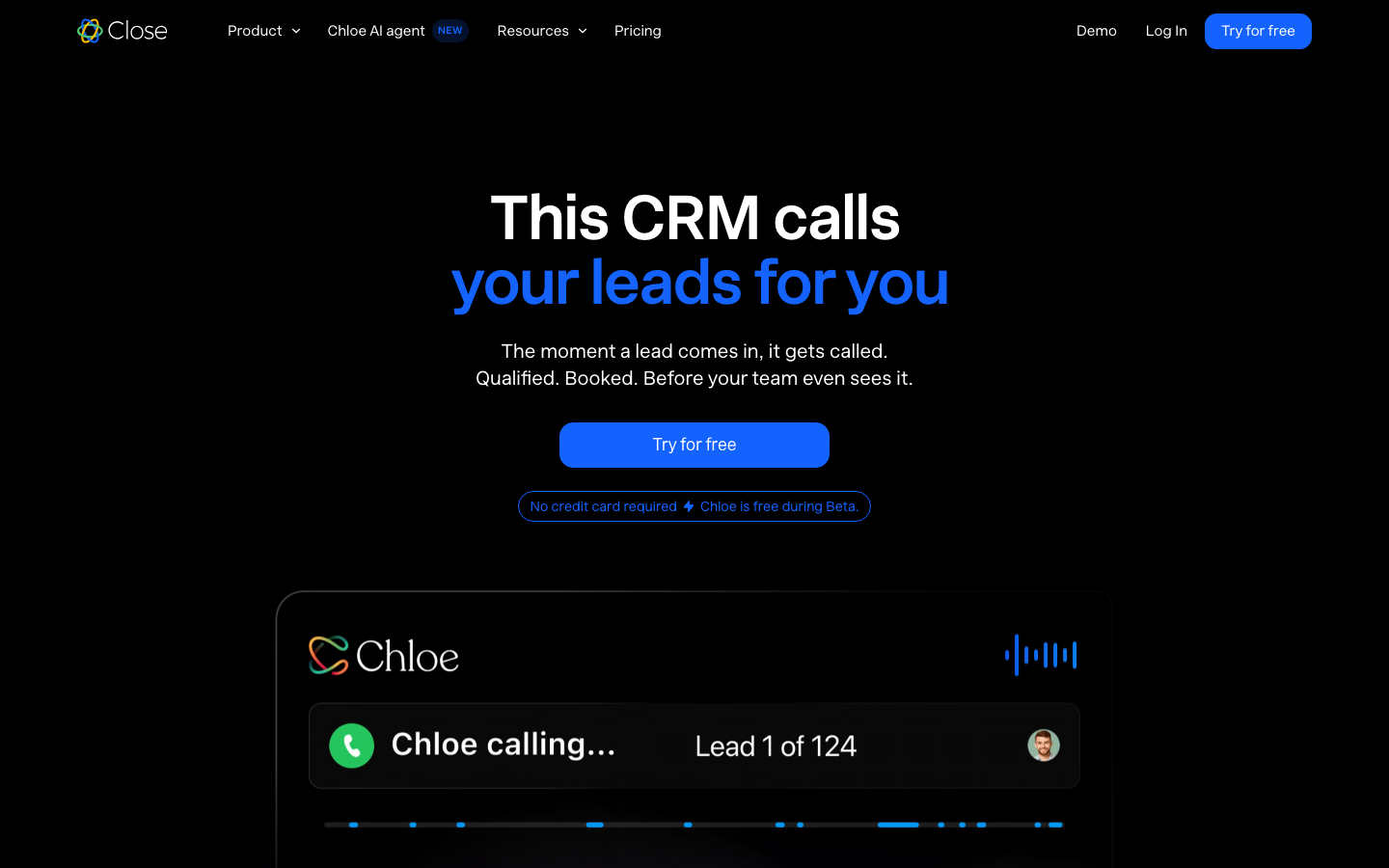 Close CRM workspace showing lead inbox, call activity, and pipeline view