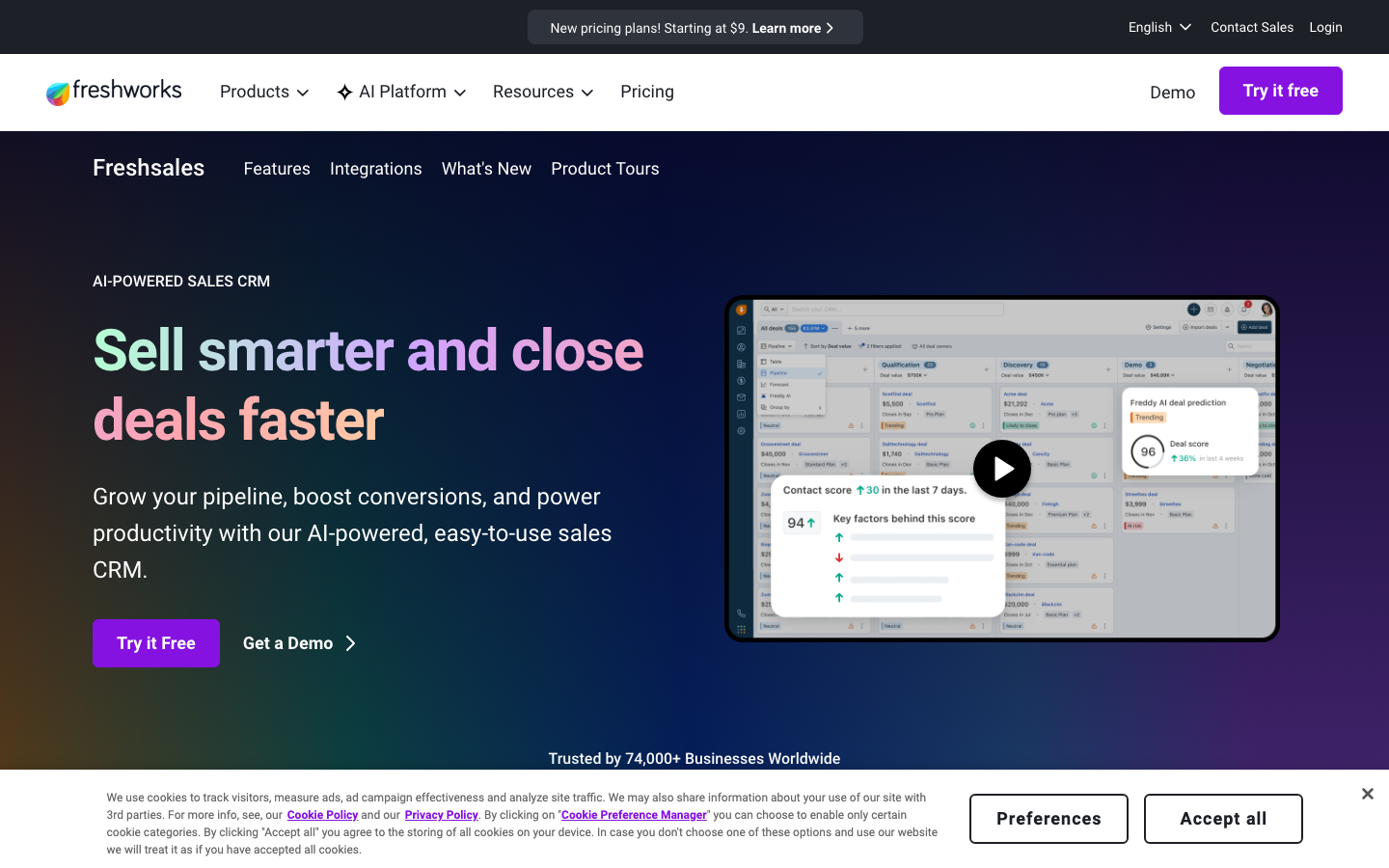 Freshsales CRM dashboard with AI-powered contact view, deal stages, and Freddy AI insights