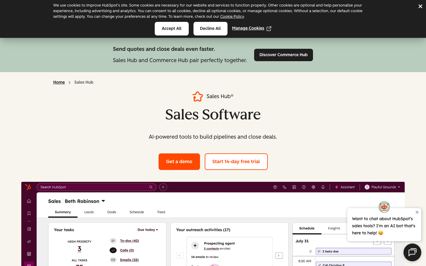 HubSpot Sales Hub prospecting workspace showing contact tasks, outreach activities, and guided actions