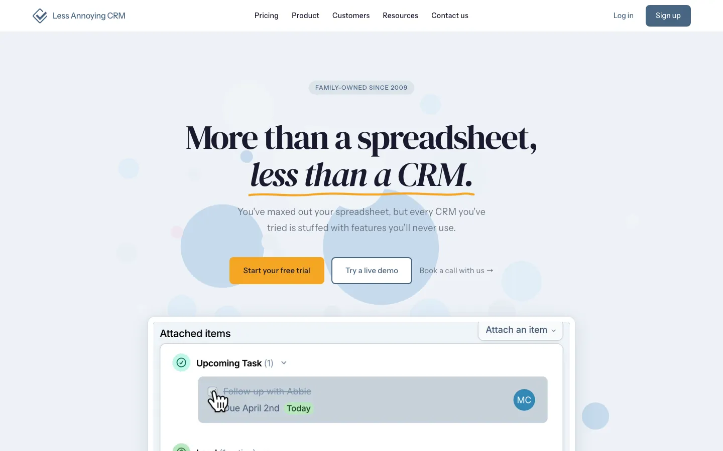 Less Annoying CRM workspace showing contacts, pipeline, and tasks in a clean single-screen layout