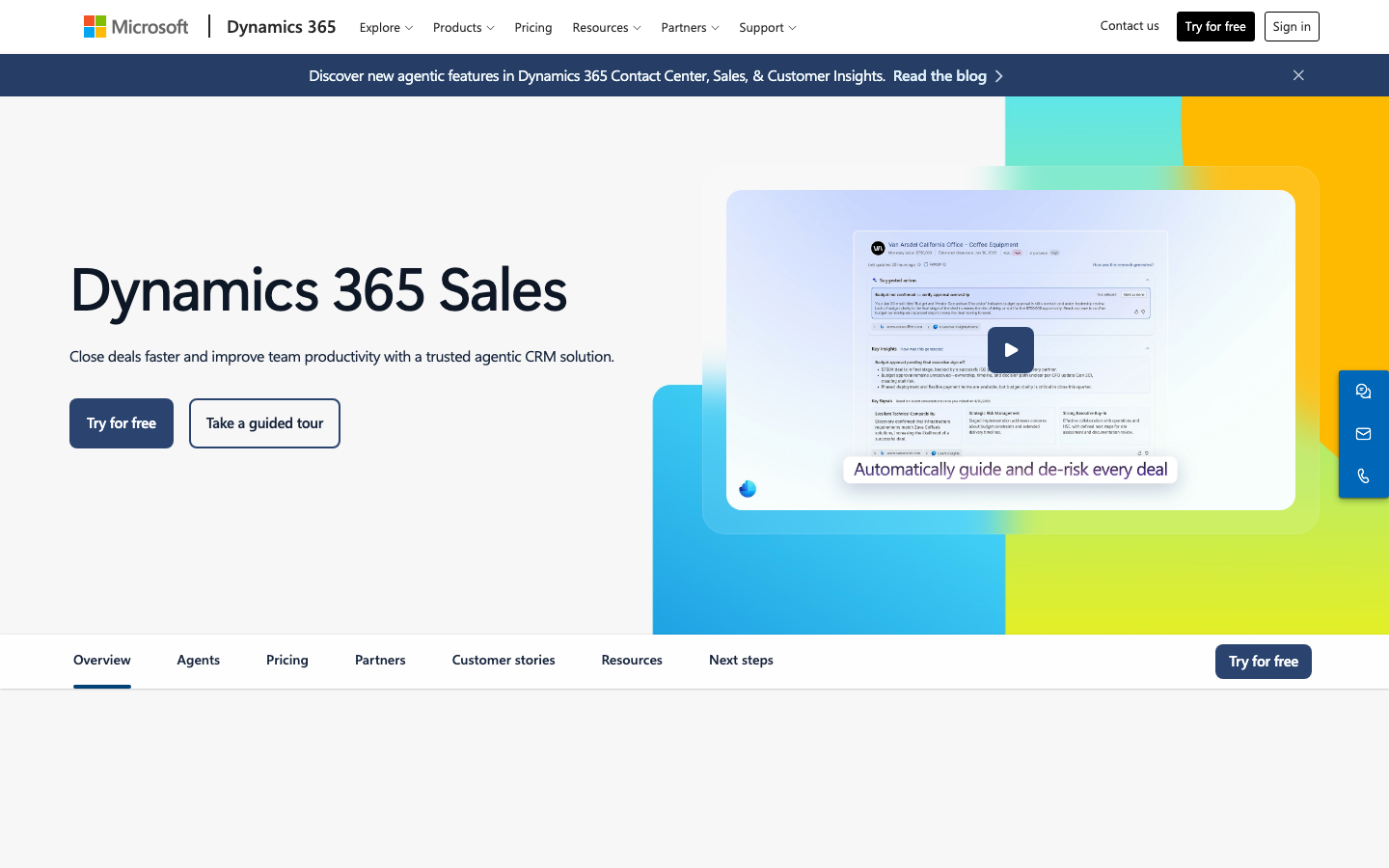 Microsoft Dynamics 365 Sales opportunity dashboard with deal details, AI insights, and timeline