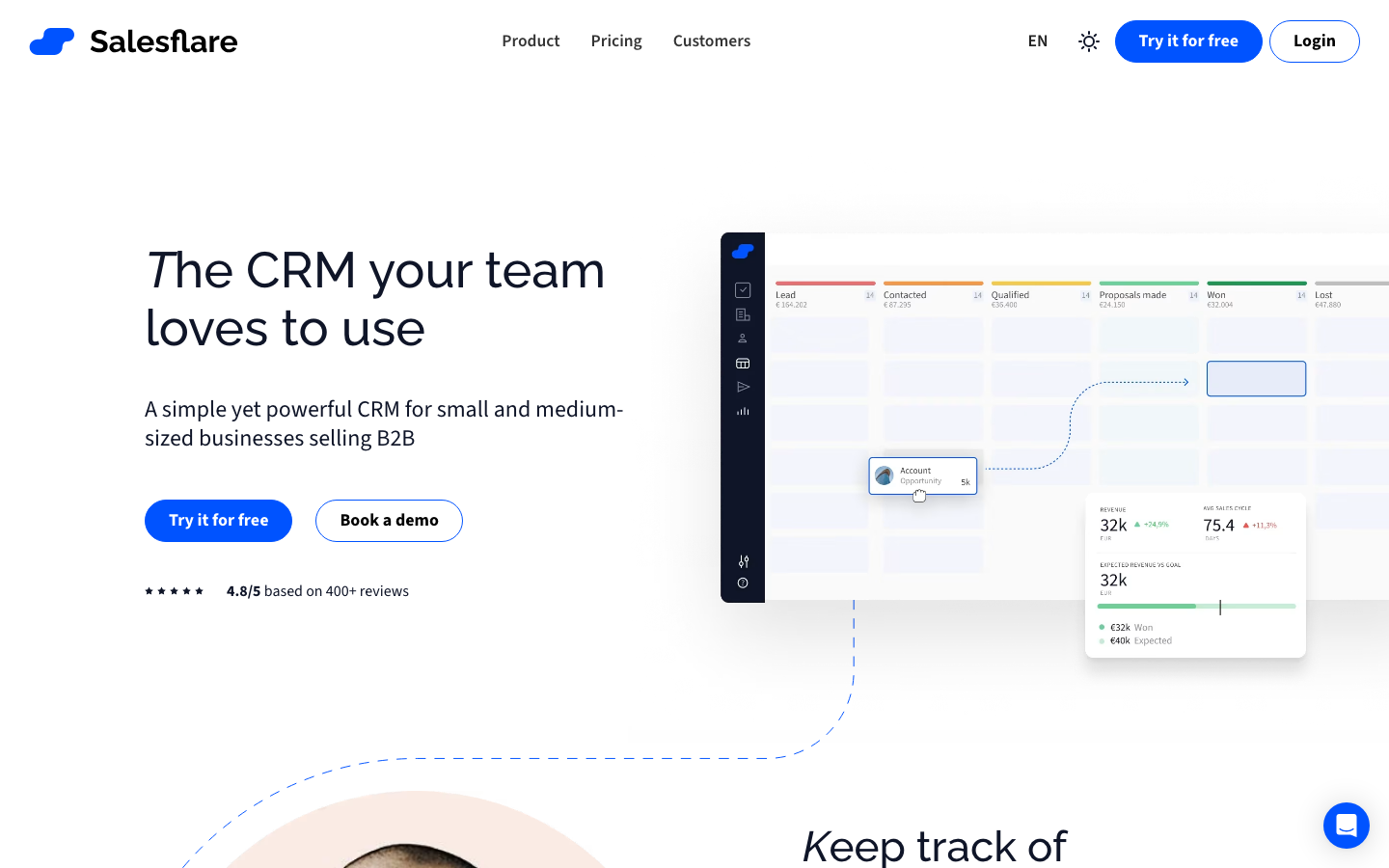 Salesflare CRM pipeline view with automatically enriched contact records and email tracking