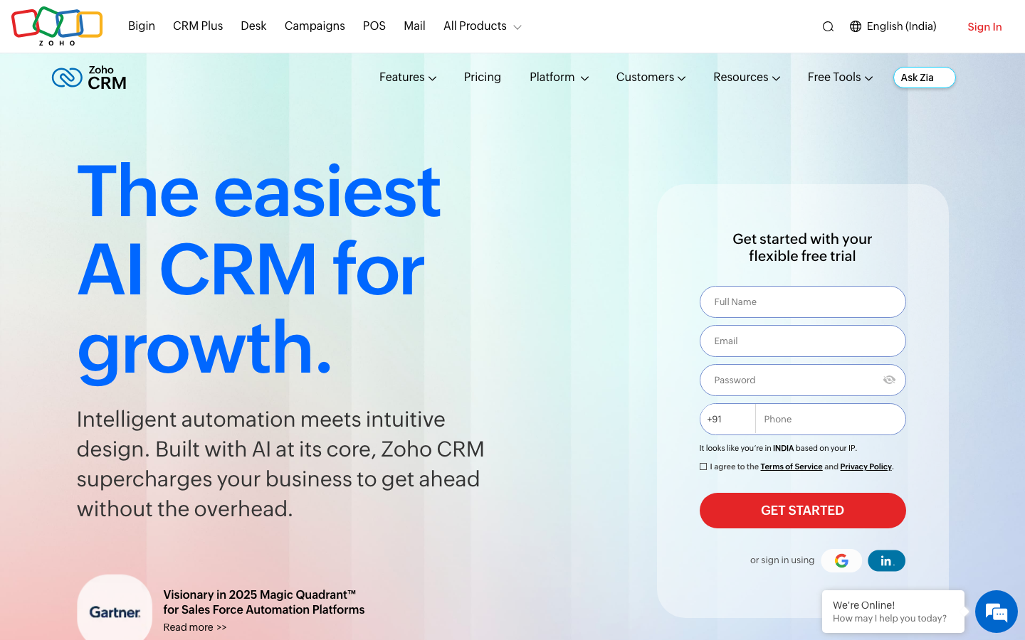 Zoho CRM homepage banner showing the CRM workspace and multi-channel sales tools
