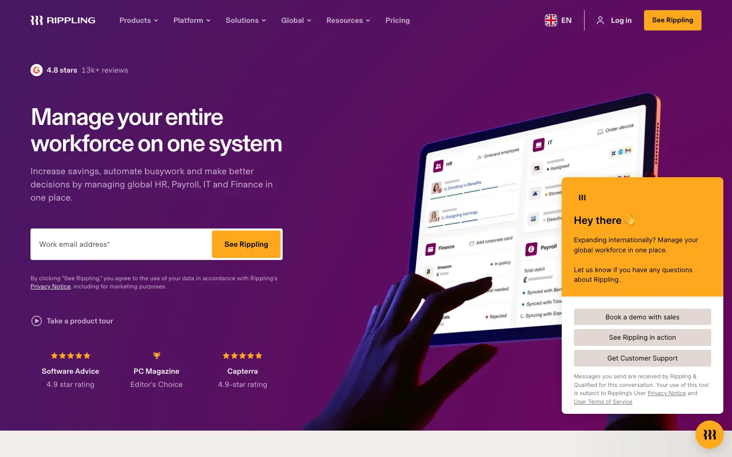 Rippling HR platform homepage showing unified workforce management, payroll analytics, and headcount reporting