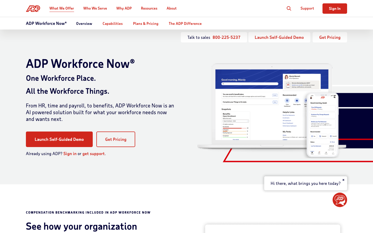 ADP Workforce Now homepage showing AI-powered HR payroll and workforce management platform