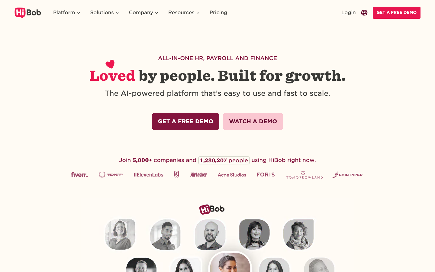 HiBob HRIS homepage showing all-in-one HR payroll and finance platform with employee engagement