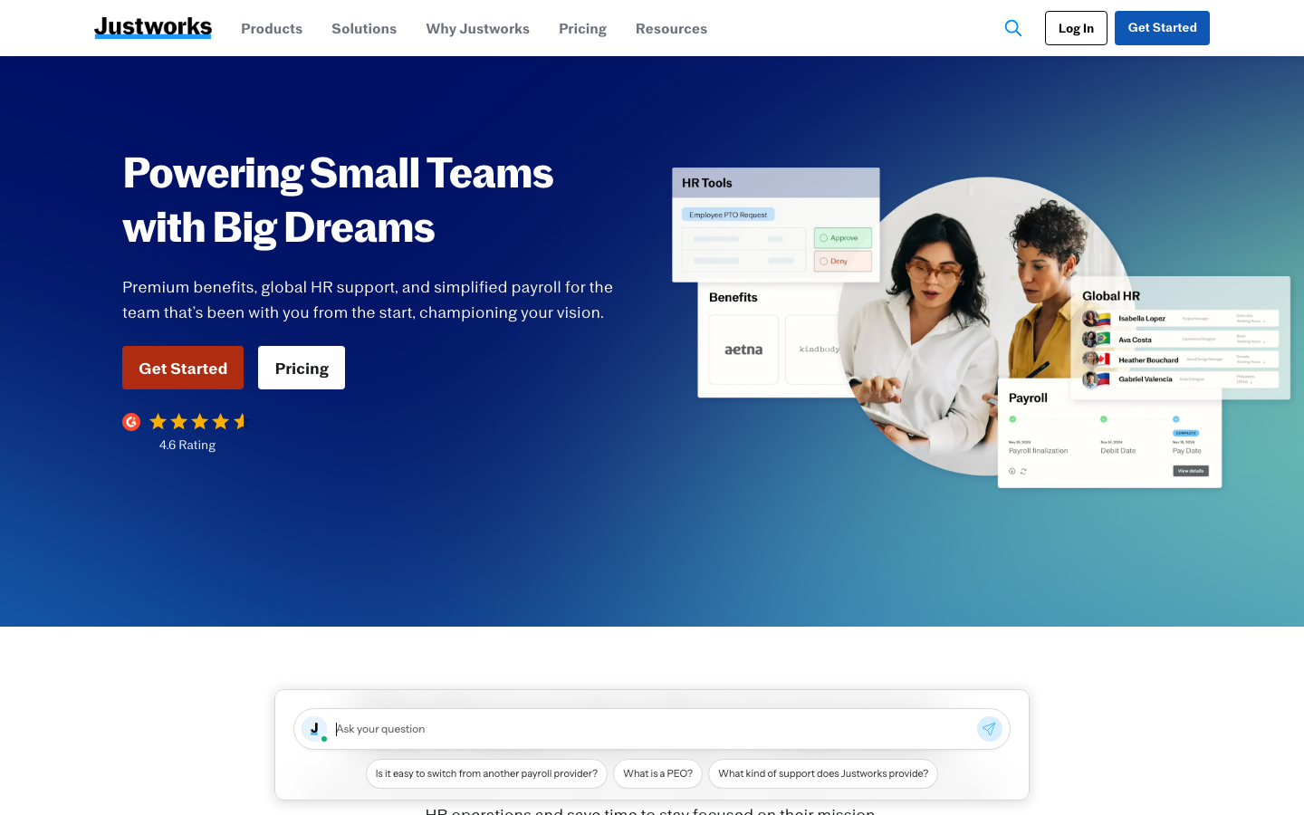Justworks PEO platform homepage showing payroll benefits and compliance for small businesses
