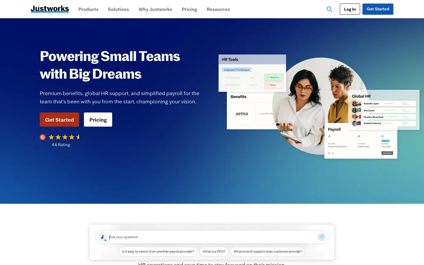 Justworks PEO platform homepage showing payroll benefits and compliance for small businesses