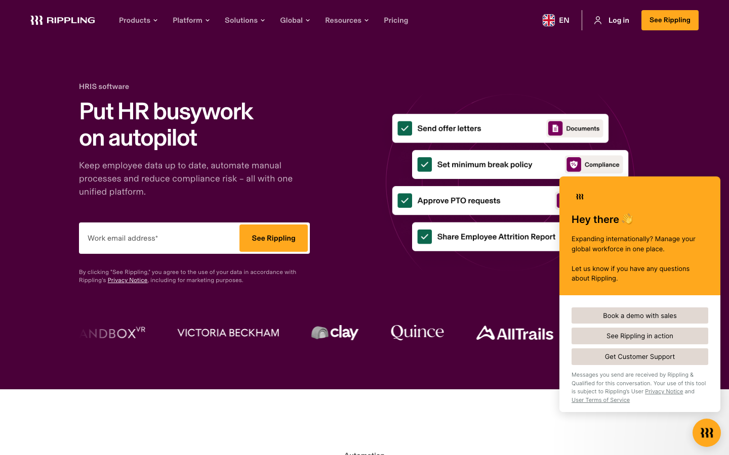 Rippling HRIS platform homepage showing HR busywork automation with unified employee management