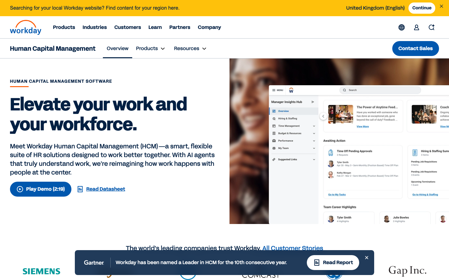 Workday Human Capital Management platform showing HR workforce management with AI agents
