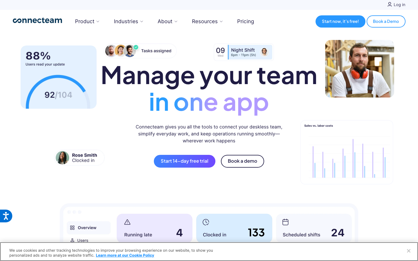 Connecteam mobile-first team management platform homepage showing HR onboarding and scheduling features