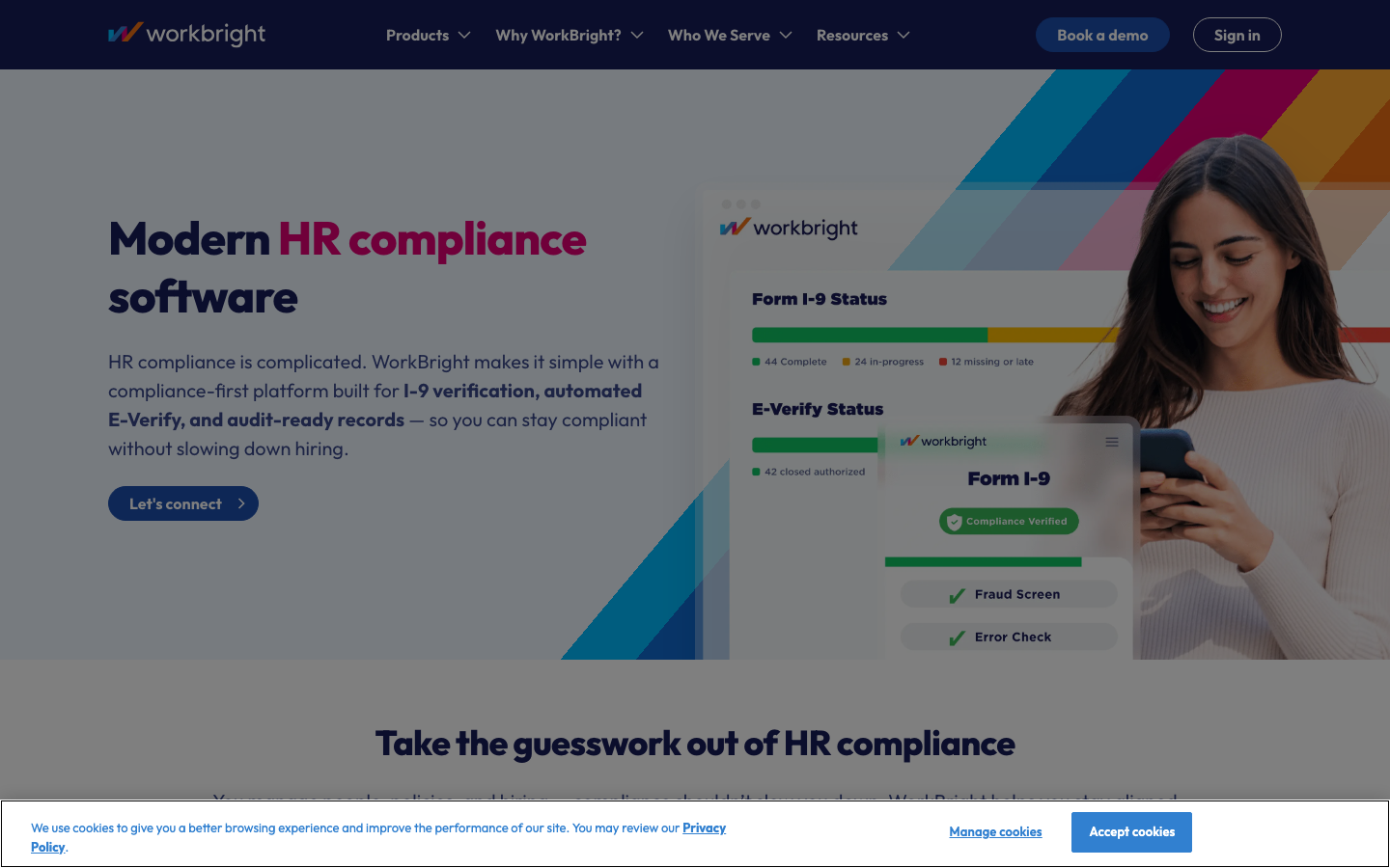 WorkBright onboarding platform homepage showing compliance-first I-9 and digital document workflows