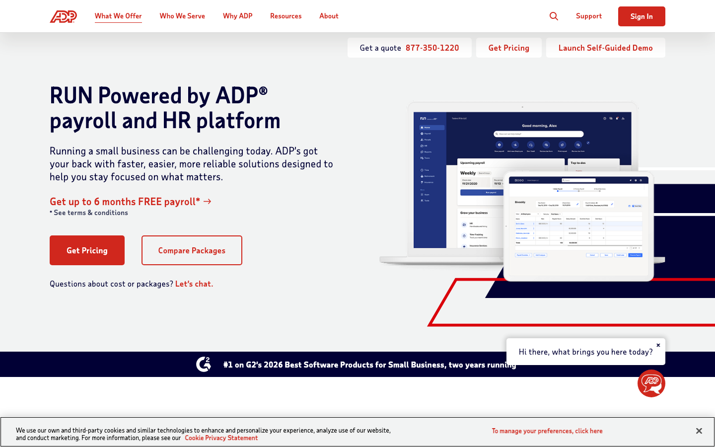 ADP Run payroll platform showing the dashboard with weekly payroll summary and HR tools interface