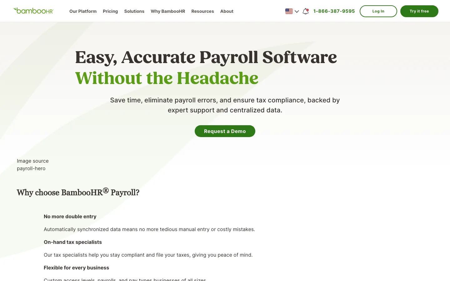 BambooHR payroll software page showing easy payroll interface and tax compliance features for small businesses