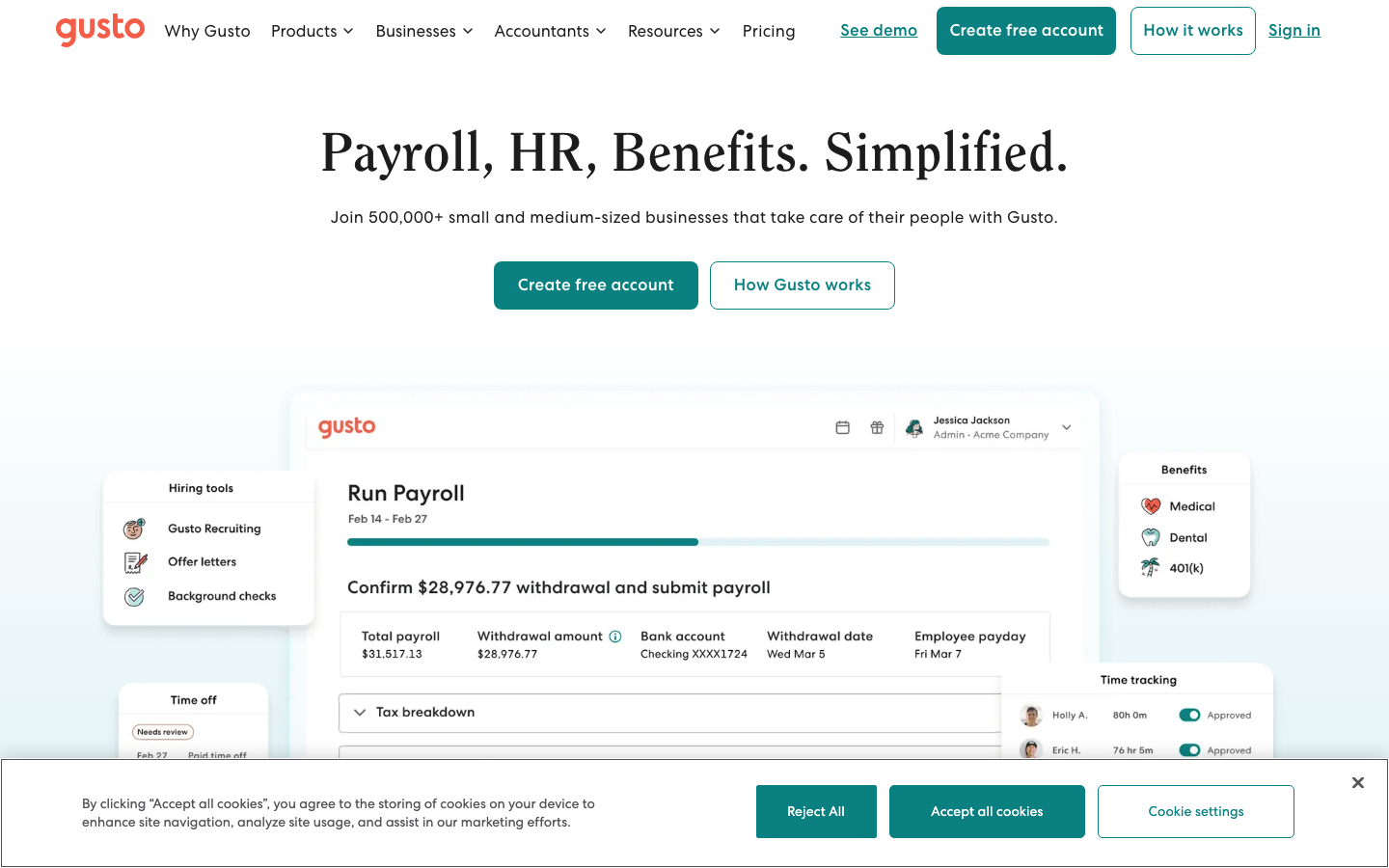 Gusto payroll platform showing run payroll screen with tax breakdown and employee payday details