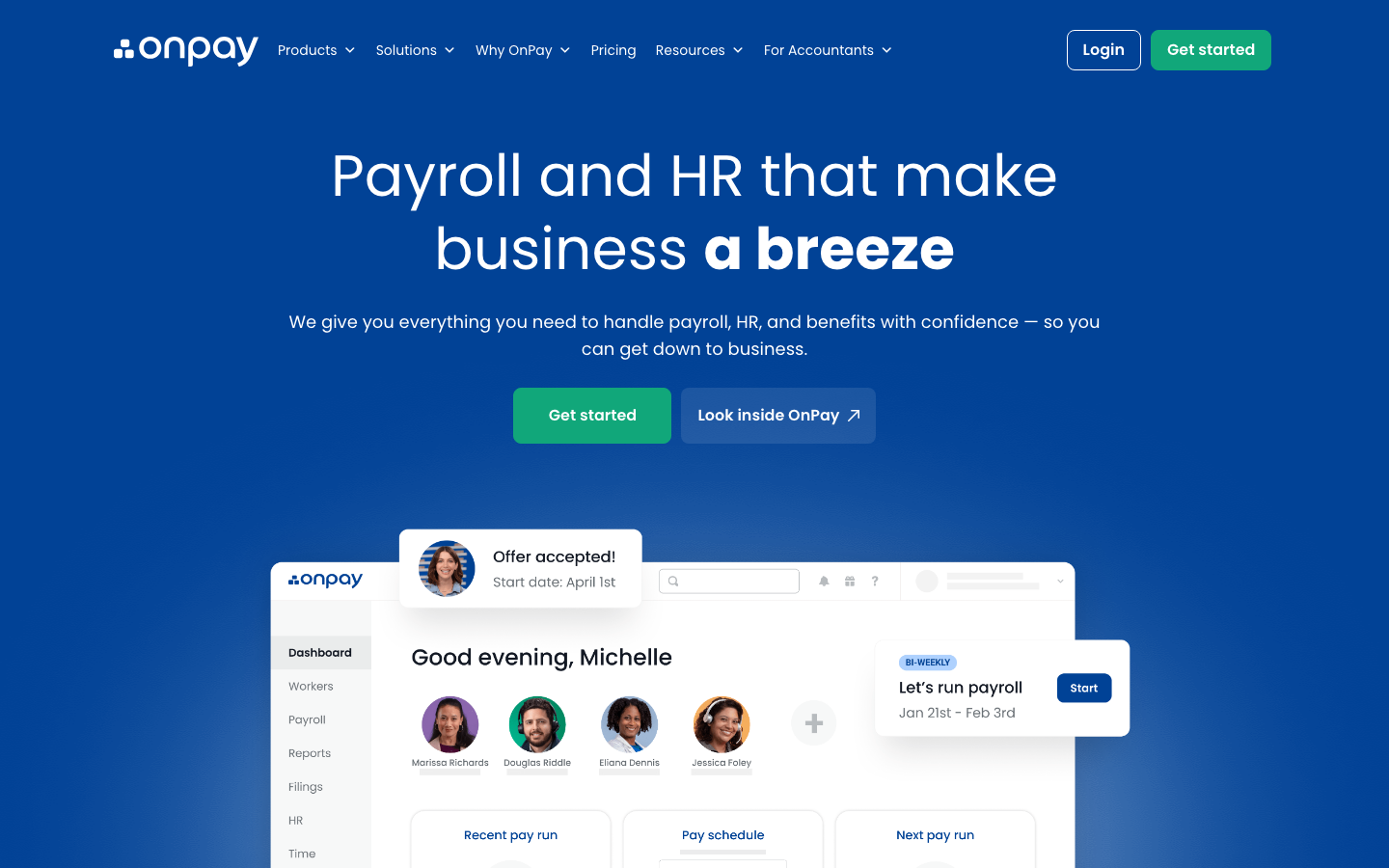 OnPay payroll software homepage showing simple payroll run interface and tax automation features