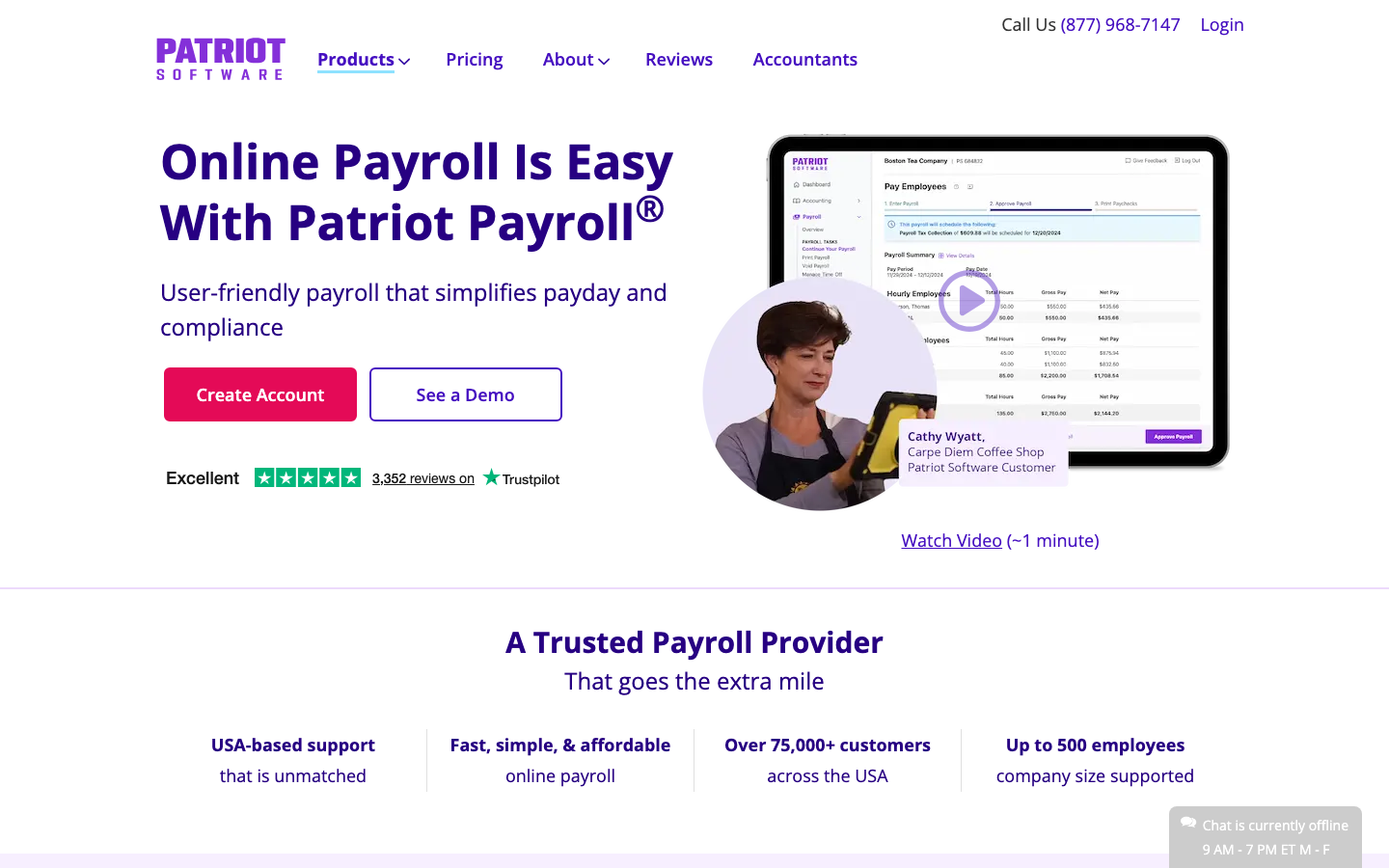 Patriot Software payroll homepage showing simple payroll interface and Trustpilot excellent rating banner