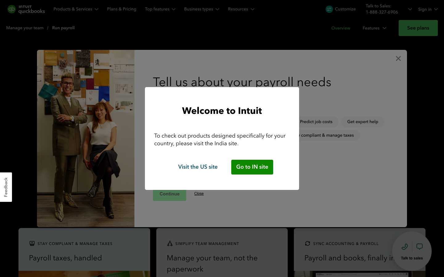 QuickBooks Payroll platform showing payroll run interface with accounting sync and employee management