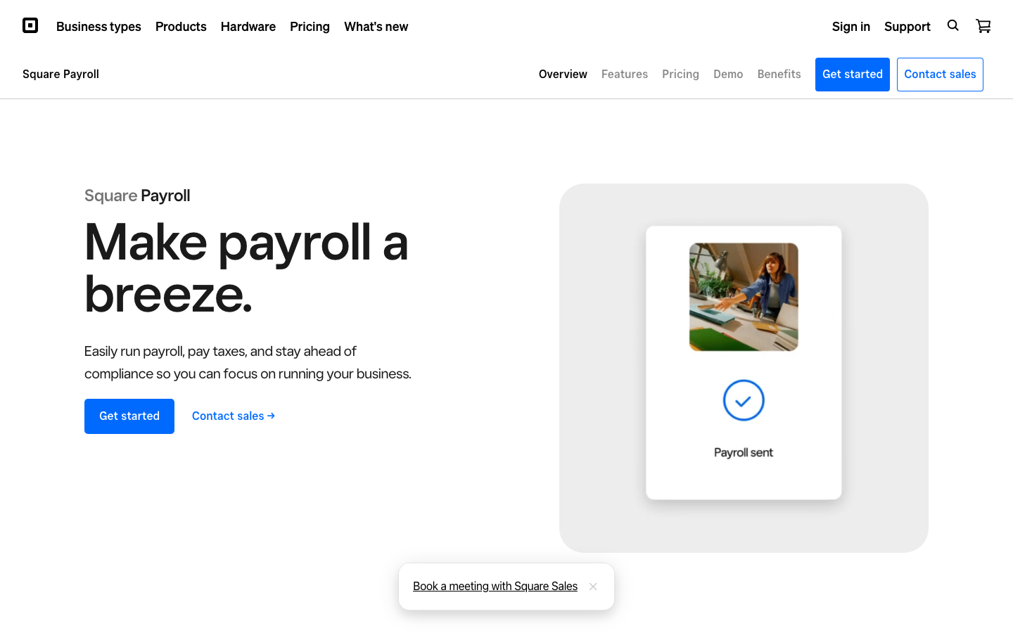 Square Payroll platform showing streamlined payroll management interface with payroll sent confirmation screen