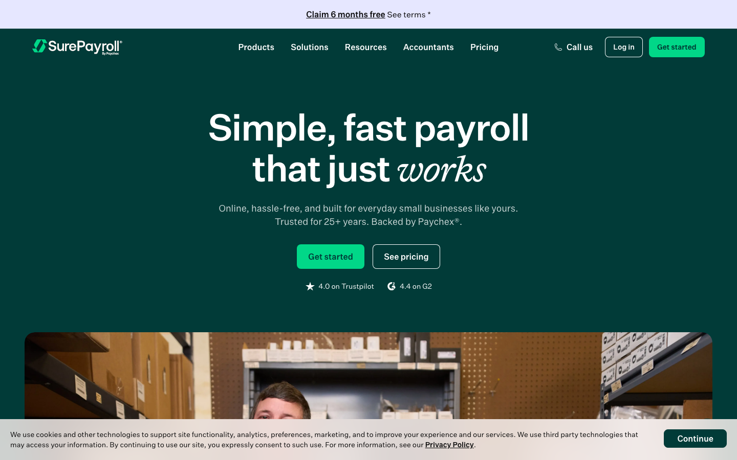 SurePayroll small business payroll platform homepage showing affordable payroll and tax filing features