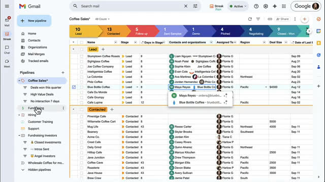 Streak CRM pipeline board inside Gmail showing deal stages, contacts, and deal size columns